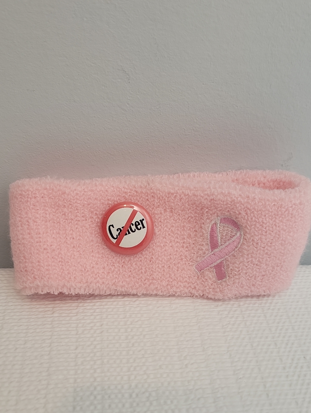 Fight cancer pink embroidered headband / arm band with pin